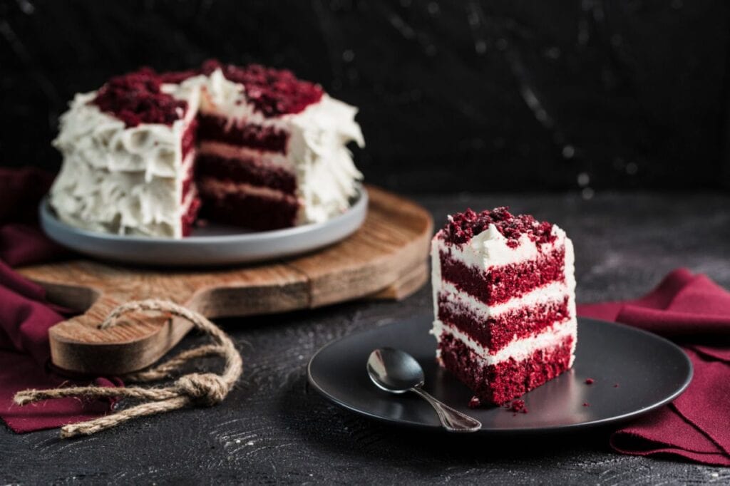 red velvet cake dark background close up side view sweet dessert holiday